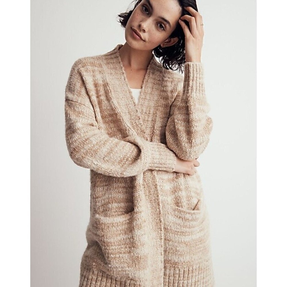 Madewell Wool Space-Dyed Long Oversized Cardigan Sweater Beige Pockets Womans XS